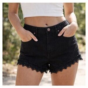 Free People Denim Shorts Lace Trim Sz 27 Black Boho Festival Y2K Western